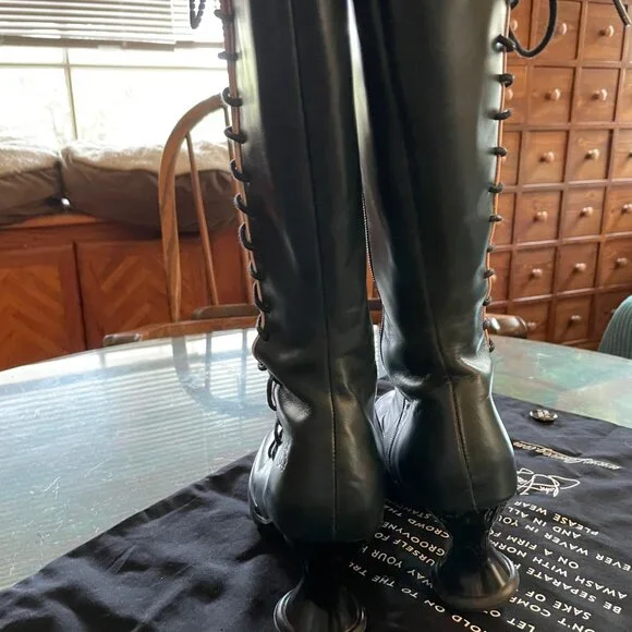 LAST Fluevog Mini Sugar Knee High Lace Up Boot Size 6.5 Blue Leather Corset Goth - Picture 5 of 16